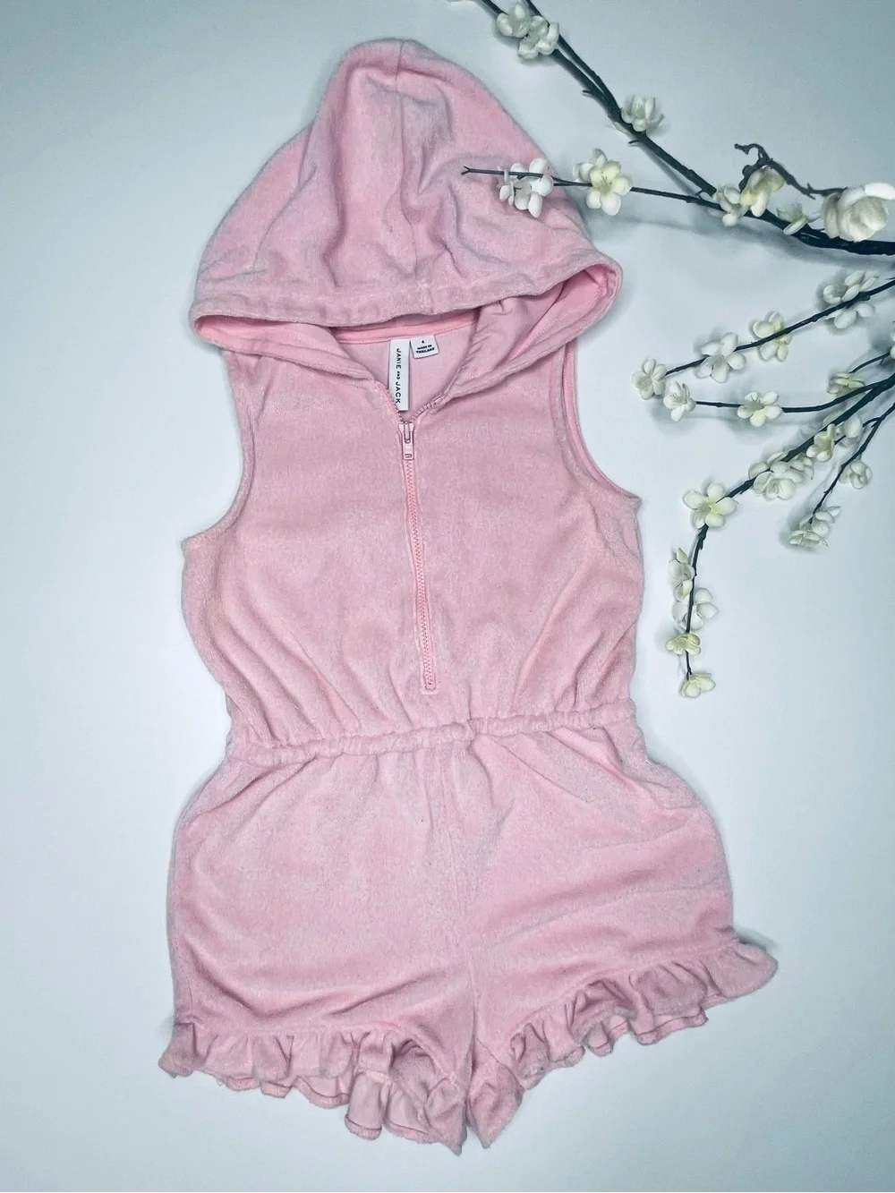 Janie and Jack Light Pink Hooded Terry Romper